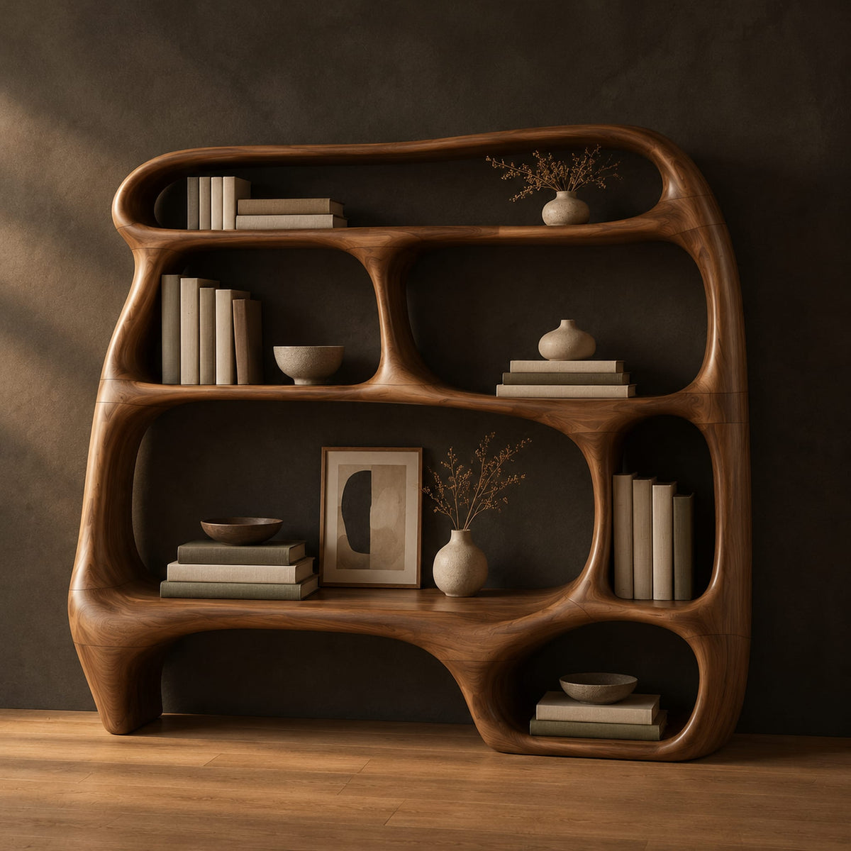 Freeform wooden bookshelf with uneven open cubbies and a wide middle shelf in a dark studio against a charcoal plaster wall