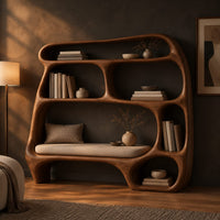 Freeform wooden bookshelf with uneven open cubbies and a wide middle shelf in a dark living room at golden hour