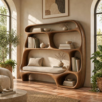 Freeform wooden bookshelf with uneven open cubbies and a wide middle shelf in a bright living room with arched windows and plants