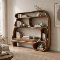 Freeform wooden bookshelf with uneven open cubbies and a wide middle shelf in a Scandinavian living room with white walls