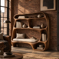 Freeform wooden bookshelf with uneven open cubbies and a wide middle shelf in an industrial loft living room with exposed brick