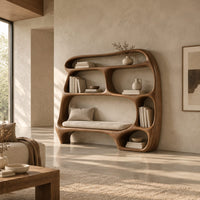 Freeform wooden bookshelf with uneven open cubbies and a wide middle shelf in a bright open plan living room