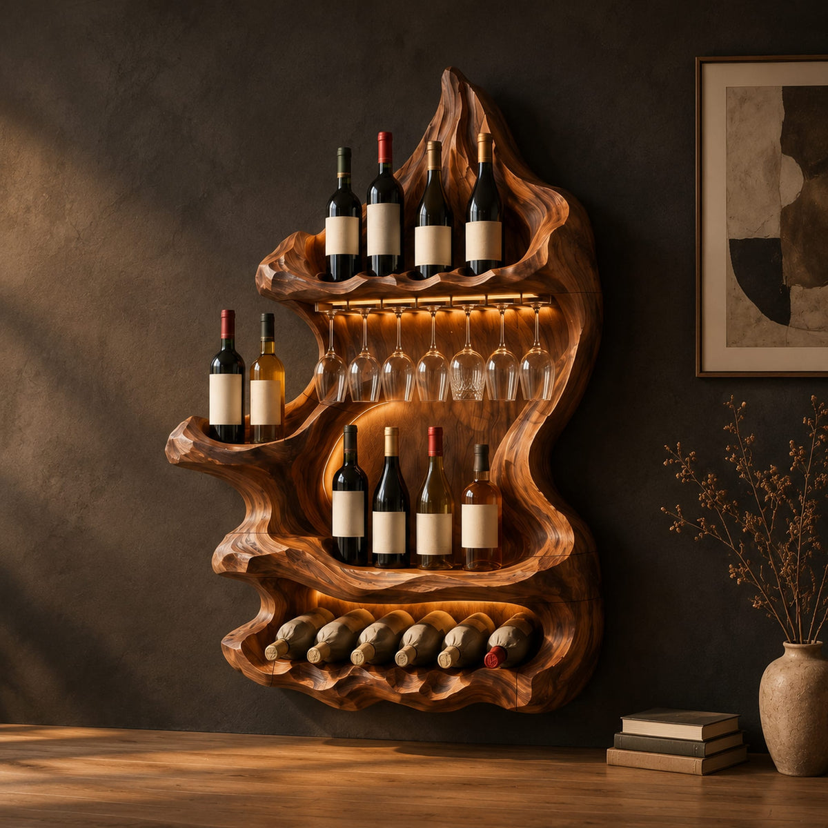 Freeform carved wine holder with a peaked top and a scalloped lower row in a dark studio against a charcoal plaster wall
