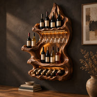 Freeform carved wine holder with a peaked top and a scalloped lower row, three-quarter view showing the grain