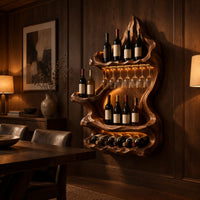 Freeform carved wine holder with a peaked top and a scalloped lower row in an evening dining room with walnut wall paneling