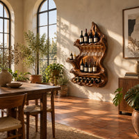 Freeform carved wine holder with a peaked top and a scalloped lower row in a bright dining room with arched windows and plants
