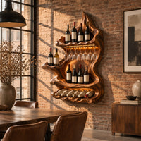 Freeform carved wine holder with a peaked top and a scalloped lower row in an industrial loft dining room with exposed brick