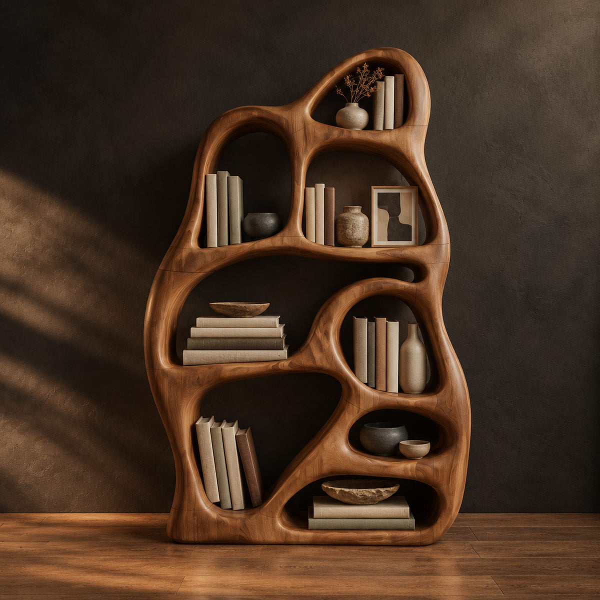 Freeform bookshelf with irregular openings in a sculpted organic frame in a dark studio against a charcoal plaster wall