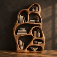 Freeform bookshelf with irregular openings in a sculpted organic frame, three-quarter view showing the grain