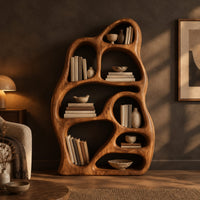 Freeform bookshelf with irregular openings in a sculpted organic frame in a dark living room at golden hour