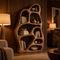 Freeform bookshelf with irregular openings in a sculpted organic frame in an evening living room with walnut wall paneling