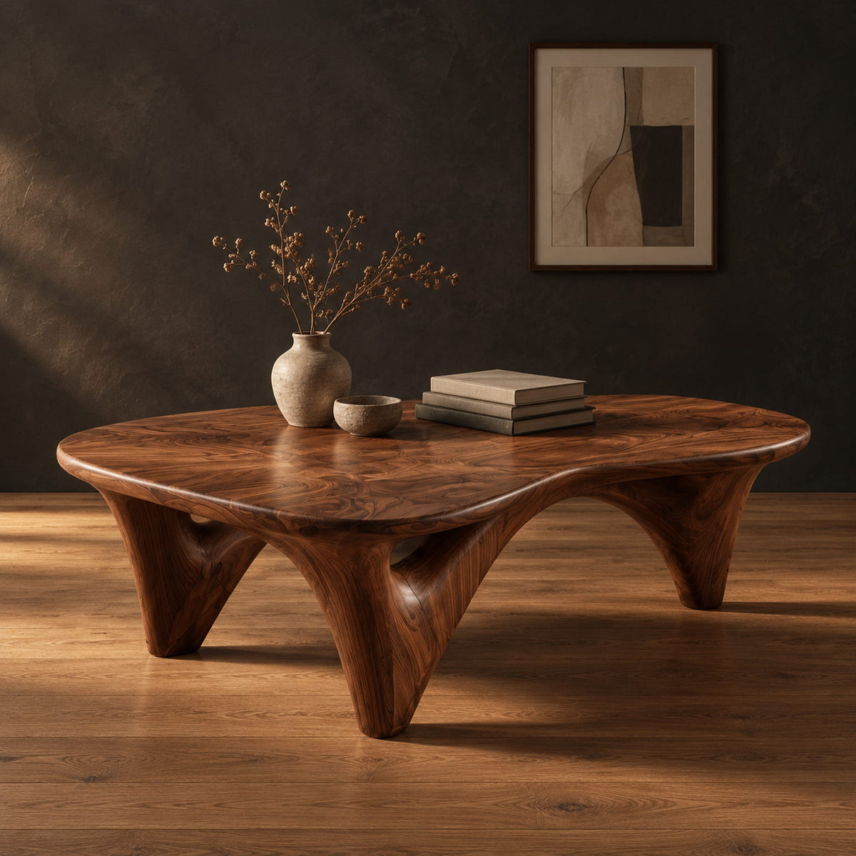 Freeform coffee table with a smooth organic top on sculpted arched legs in a dark studio against a charcoal plaster wall