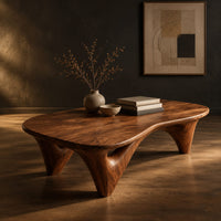 Freeform coffee table with a smooth organic top on sculpted arched legs, three-quarter view showing the grain