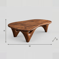 Freeform Coffee Table With Sculpted Arch Legs And Soft Edge Top dimension diagram with width, height and depth