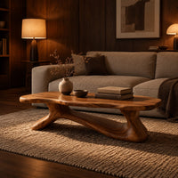 Freeform wooden coffee table with a sculpted branching base in an evening living room with walnut wall paneling