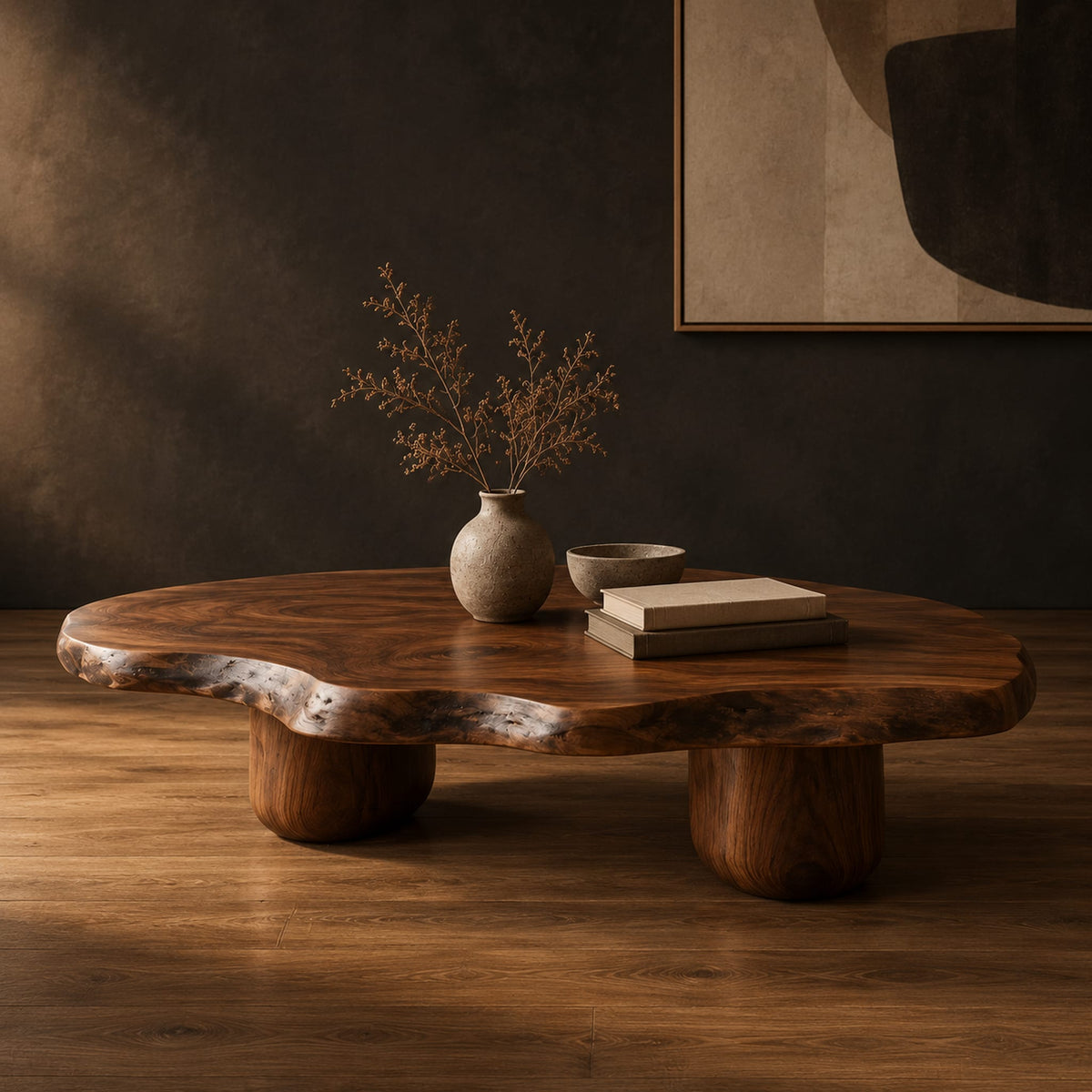 Freeform coffee table with a wavy edged top and two thick cylinder legs in a dark studio against a charcoal plaster wall