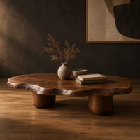 Freeform coffee table with a wavy edged top and two thick cylinder legs in a dark studio against a charcoal plaster wall