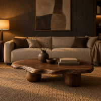 Freeform coffee table with a wavy edged top and two thick cylinder legs in a dark living room at golden hour
