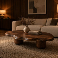 Freeform coffee table with a wavy edged top and two thick cylinder legs in an evening living room with walnut wall paneling