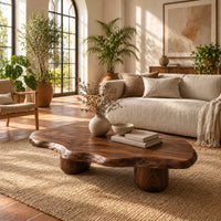 Freeform coffee table with a wavy edged top and two thick cylinder legs in a bright living room with arched windows and plants