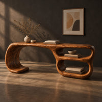 Freeform loop desk with a swooping end and stacked oval shelves, three-quarter view showing the grain