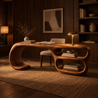Freeform loop desk with a swooping end and stacked oval shelves in an evening home office with walnut wall paneling