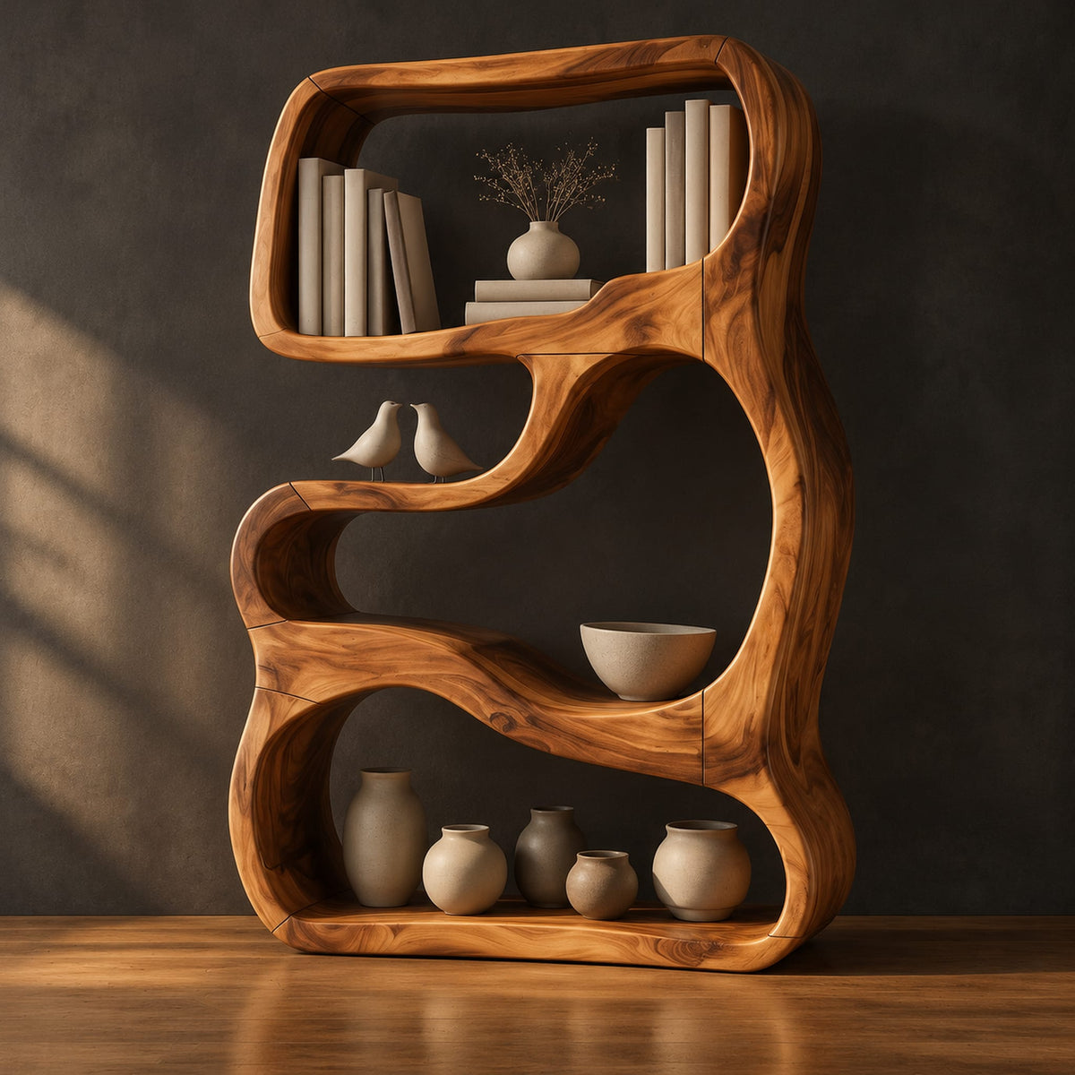 Freeform sculpted bookshelf with flowing open compartments in a thick wood frame in a dark studio against a charcoal plaster wall