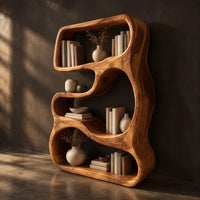 Freeform sculpted bookshelf with flowing open compartments in a thick wood frame, three-quarter view showing the grain
