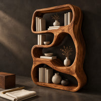 Corner detail of freeform sculpted bookshelf with flowing open compartments in a thick wood frame beside wood, brass and linen samples