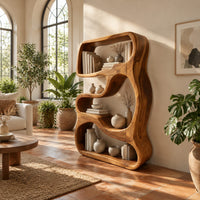 Freeform sculpted bookshelf with flowing open compartments in a thick wood frame in a bright living room with arched windows and plants