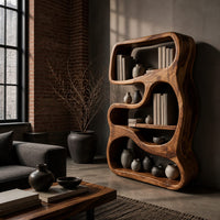 Freeform sculpted bookshelf with flowing open compartments in a thick wood frame in an industrial loft living room with exposed brick