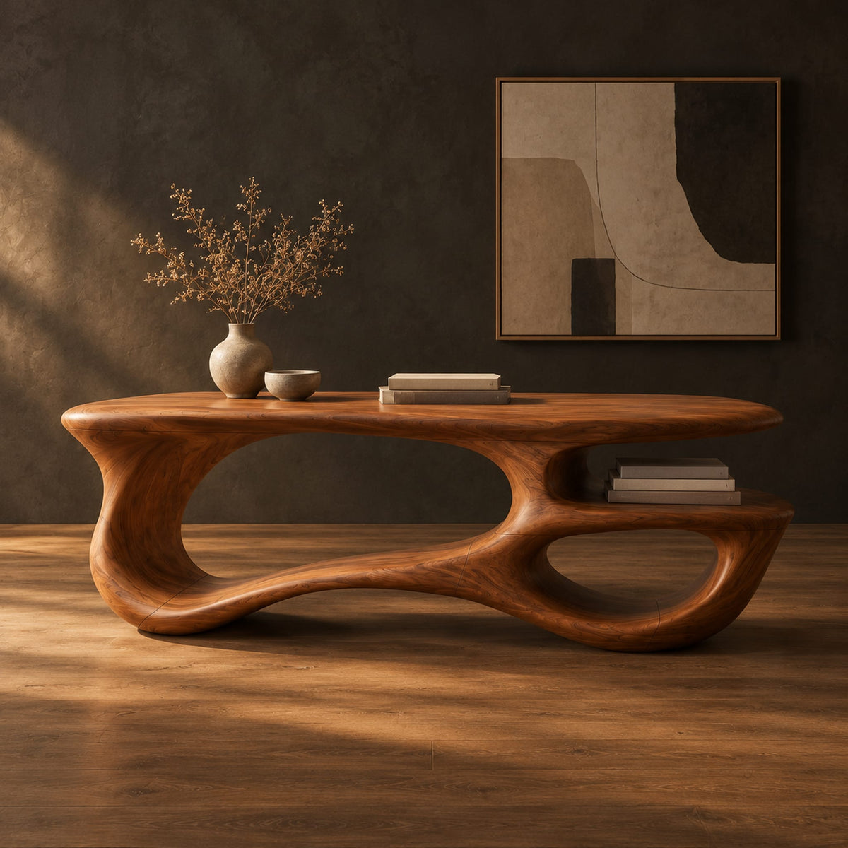 Freeform oval desk with an open loop base and a low shelf in a dark studio against a charcoal plaster wall