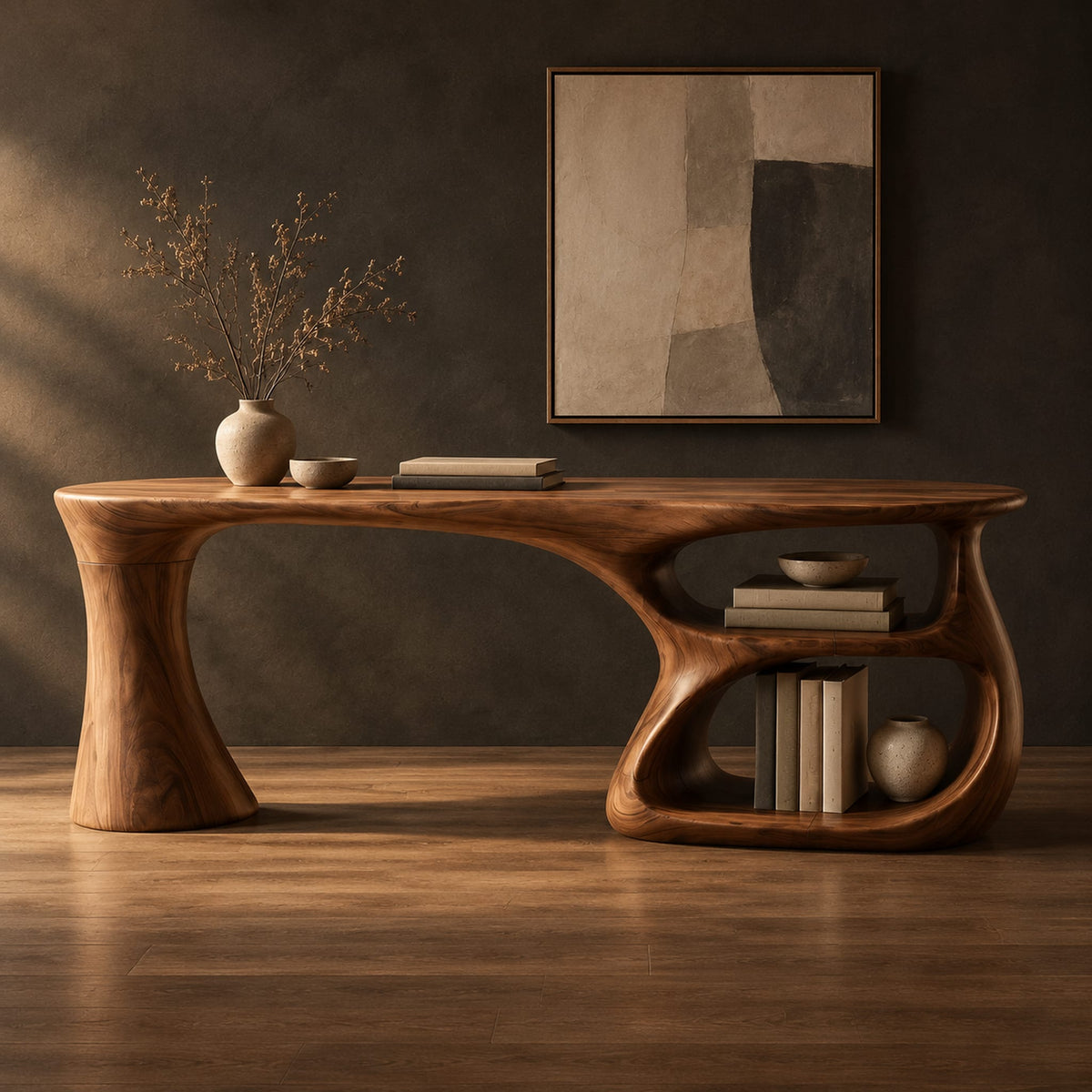 Freeform wooden desk with a flared leg and an open looped shelf base in a dark studio against a charcoal plaster wall