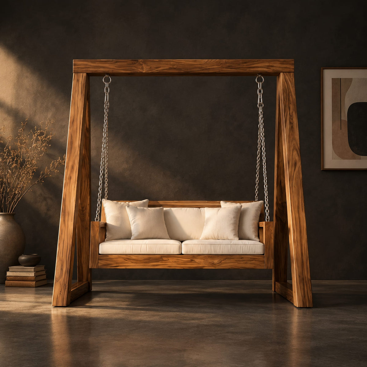 Freestanding a frame swing with a cushioned bench seat on chains in a dark studio against a charcoal plaster wall