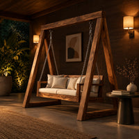 Freestanding a frame swing with a cushioned bench seat on chains in an evening porch with walnut wall paneling