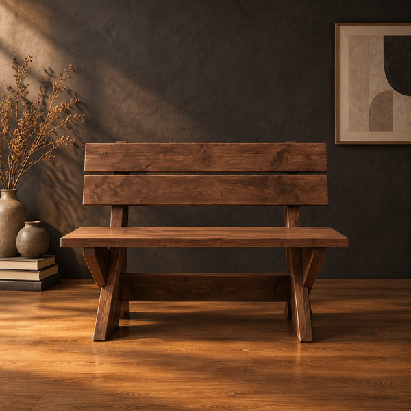 Garden Bench With Two Plank Back And Crossed Timber Legs