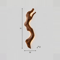 Gnarled Branch Wall Sconce With Warm Glow Behind The Wood dimension diagram with width, height and depth