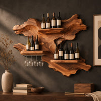 Corner detail of organic wine rack with a gnarled outline, three shelves and a glass rail beside wood, brass and linen samples