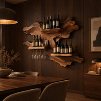 Organic wine rack with a gnarled outline, three shelves and a glass rail in an evening dining room with walnut wall paneling