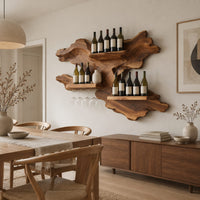 Organic wine rack with a gnarled outline, three shelves and a glass rail in a Scandinavian dining room with white walls