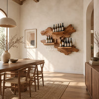 Organic wine rack with a gnarled outline, three shelves and a glass rail in a bright open plan dining room