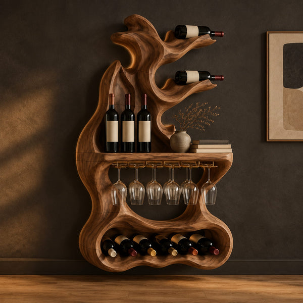 Gnarled Wine Rack With Twisting Top Arms, Shelf And Glass Rail