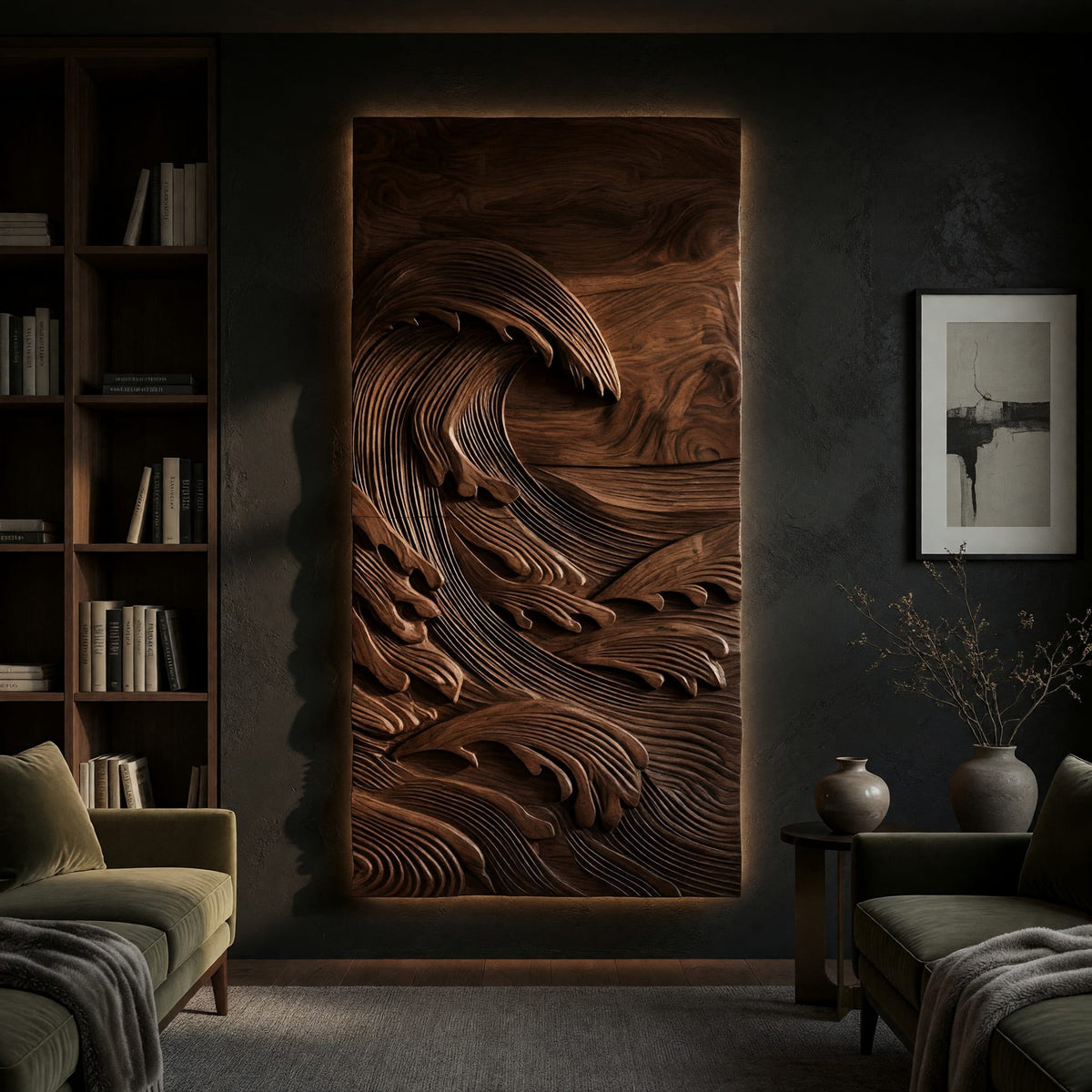 Tall carved great wave wall panel on a dark charcoal plaster wall