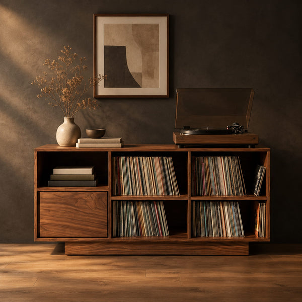 Grid Front Turntable Stand With Open Cubbies And Plinth Base