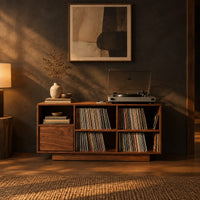 Low cabinet with a grid of open cubbies and a slim plinth base in a dark living room at golden hour