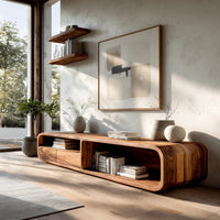 Rounded TV console with open bays and drawers in a sunlit room with large windows and plants