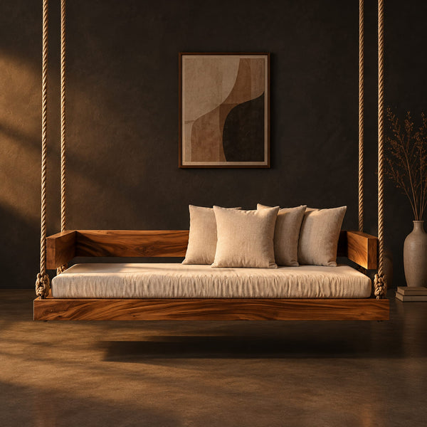 Hanging Daybed Swing With Deep Wooden Frame And Cushioned Seat