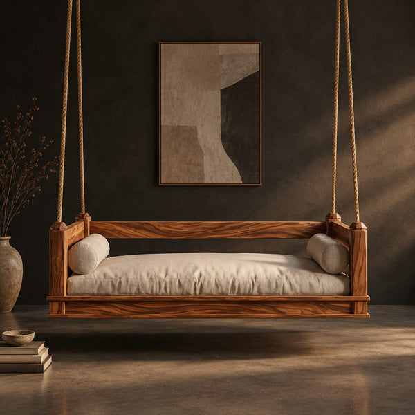 Hanging Daybed Swing With Thick Ropes And Low Rail Frame