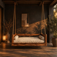 Hanging daybed swing with low wood rails and a thick seat pad in a dark porch at golden hour