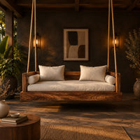 Hanging daybed swing with a thick wood base and low frame sides in a dark porch at golden hour